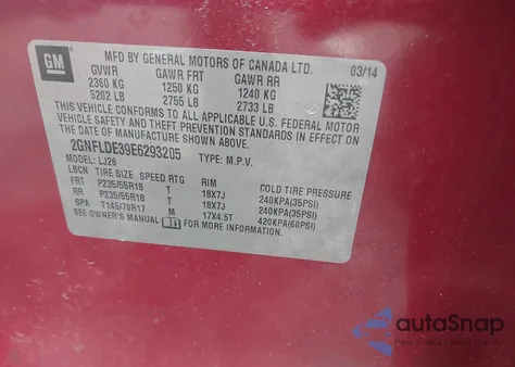 2014 Chevrolet Equinox Ltz z USA, uszkodzony, nr VIN 2GNFLDE39E6293205